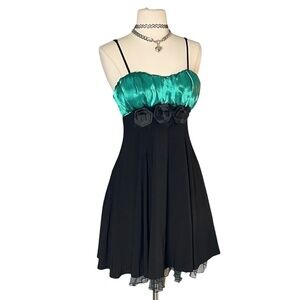 SNAP Y2k Babydoll Black Dress Teal Green Satin Ruffle Chiffon Emo Whimsigoth